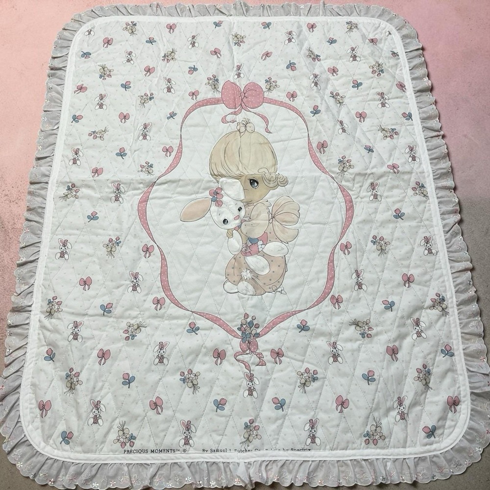 Vintage 90s Precious Moments Baby Crib Quilt Thin Blanket Pink Rabbits Ribbon
